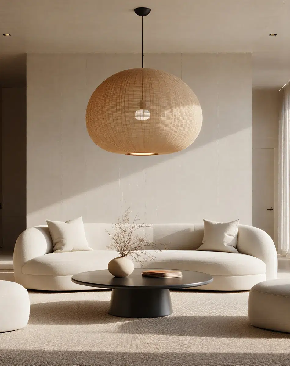 Salon épuré avec canapé blanc et suspension en rotin